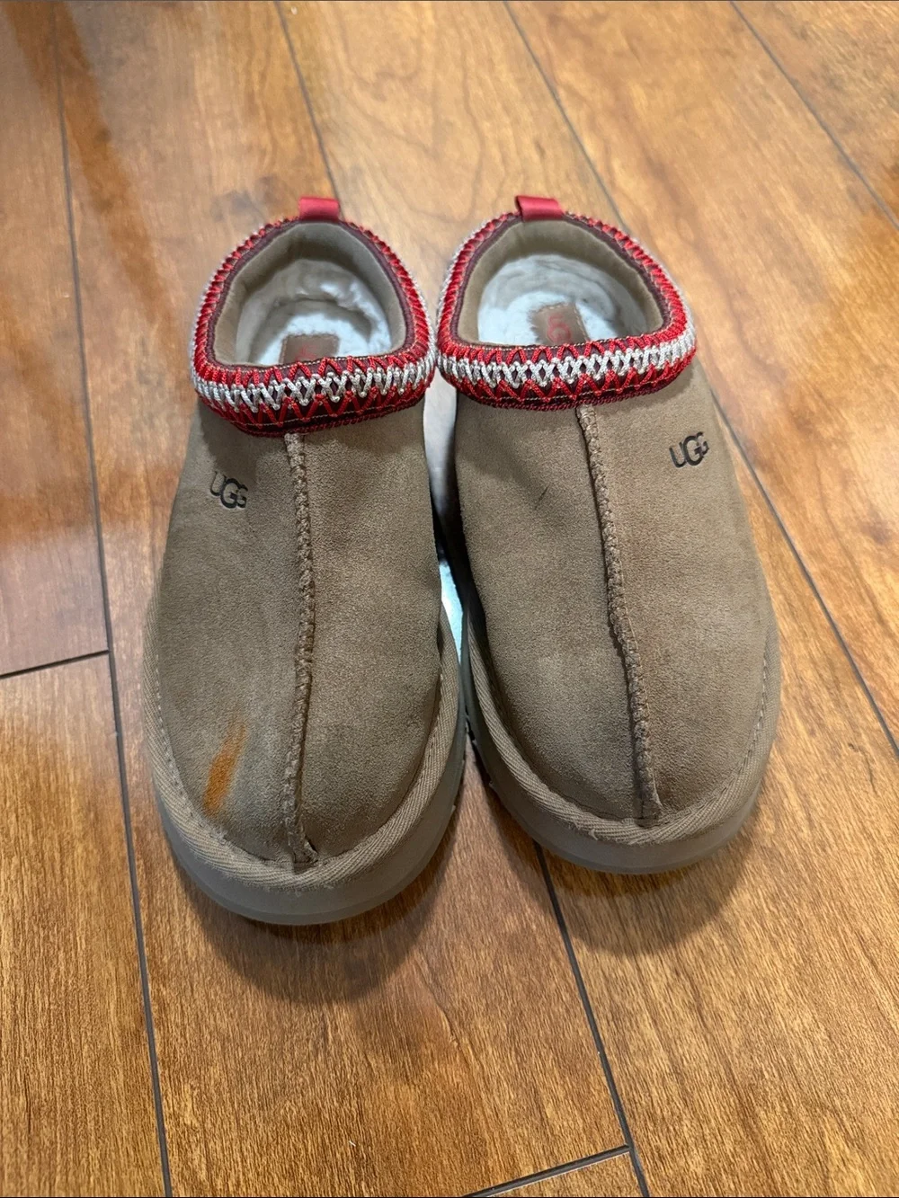 UGG Kids Chestnut Suede Slip-On Clog with Red Trim